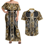 Aotearoa Waikato Tainui Couples Matching Off Shoulder Maxi Dress and Hawaiian Shirt Maori Light Gold Tribal Paua Shell Pattern