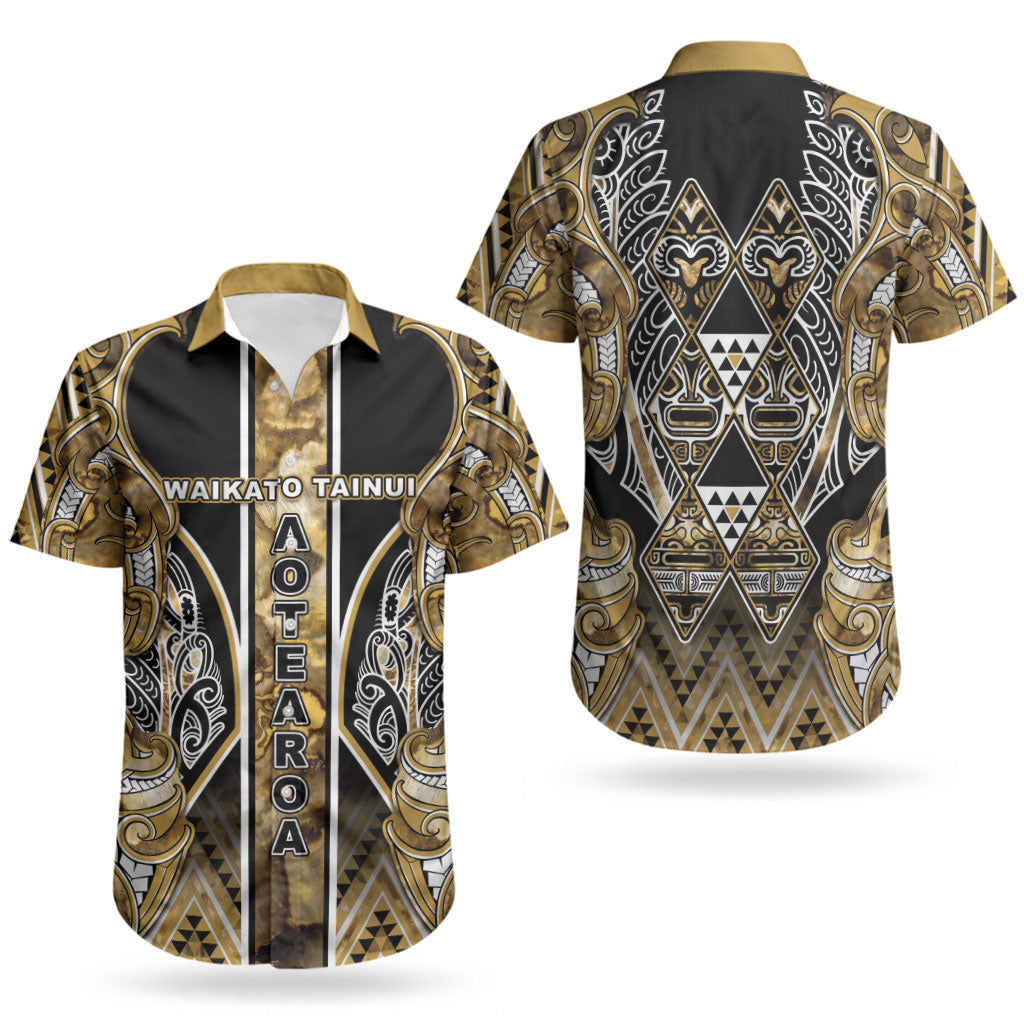 Aotearoa Waikato Tainui Couples Matching Off Shoulder Maxi Dress and Hawaiian Shirt Maori Light Gold Tribal Paua Shell Pattern