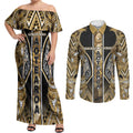 Aotearoa Waikato Tainui Couples Matching Off Shoulder Maxi Dress and Long Sleeve Button Shirt Maori Light Gold Tribal Paua Shell Pattern