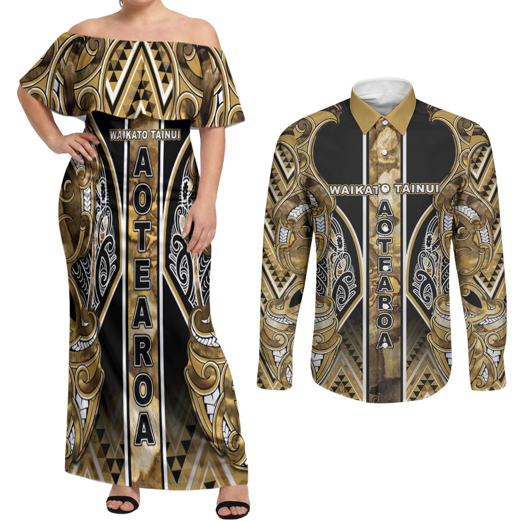Aotearoa Waikato Tainui Couples Matching Off Shoulder Maxi Dress and Long Sleeve Button Shirt Maori Light Gold Tribal Paua Shell Pattern