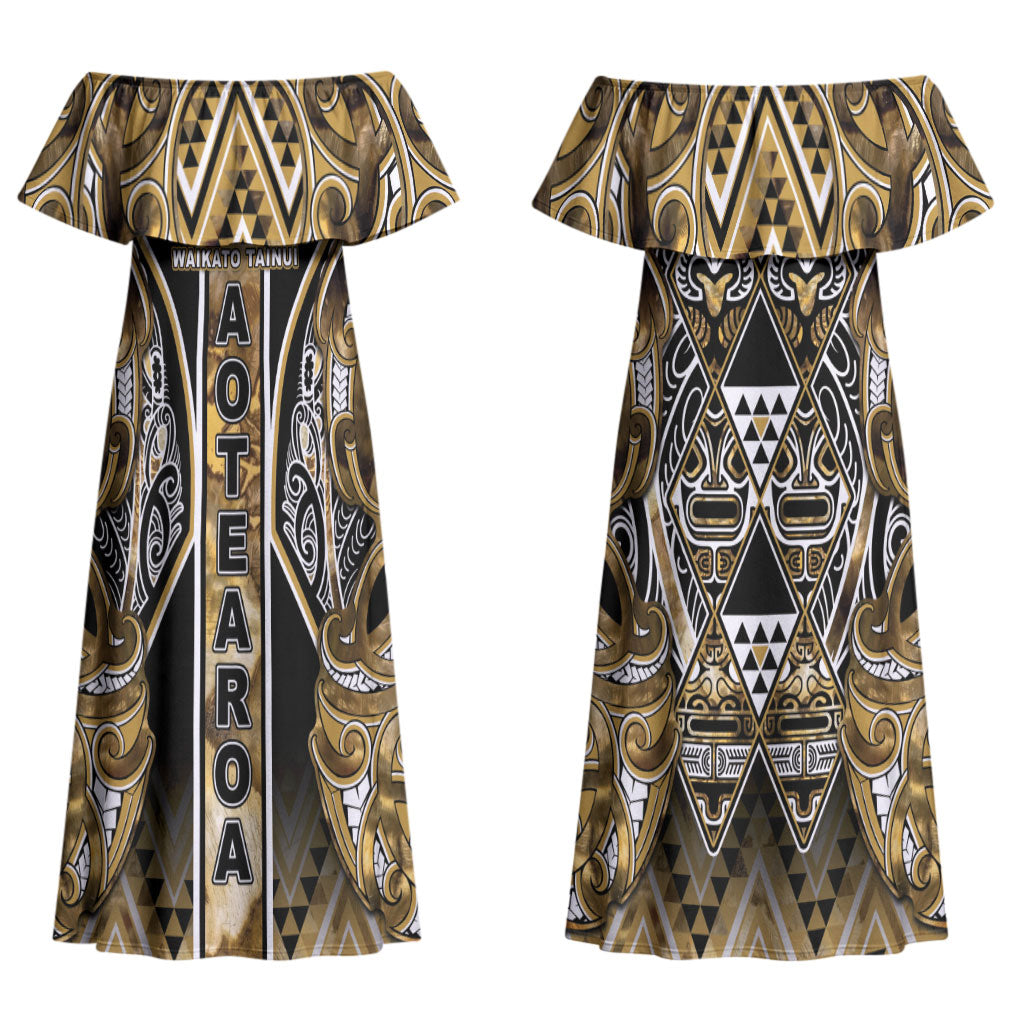 Aotearoa Waikato Tainui Couples Matching Off Shoulder Maxi Dress and Long Sleeve Button Shirt Maori Light Gold Tribal Paua Shell Pattern