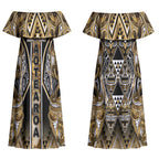 Aotearoa Waikato Tainui Couples Matching Off Shoulder Maxi Dress and Long Sleeve Button Shirt Maori Light Gold Tribal Paua Shell Pattern