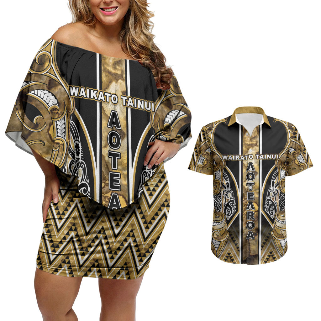Aotearoa Waikato Tainui Couples Matching Off Shoulder Short Dress and Hawaiian Shirt Maori Light Gold Tribal Paua Shell Pattern