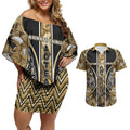 Aotearoa Waikato Tainui Couples Matching Off Shoulder Short Dress and Hawaiian Shirt Maori Light Gold Tribal Paua Shell Pattern