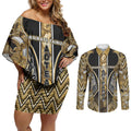 Aotearoa Waikato Tainui Couples Matching Off Shoulder Short Dress and Long Sleeve Button Shirt Maori Light Gold Tribal Paua Shell Pattern