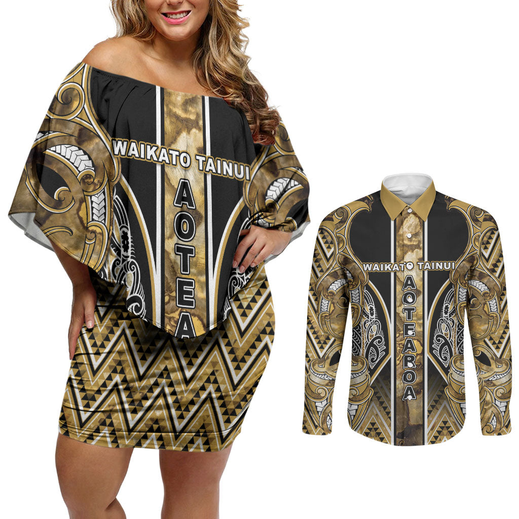 Aotearoa Waikato Tainui Couples Matching Off Shoulder Short Dress and Long Sleeve Button Shirt Maori Light Gold Tribal Paua Shell Pattern