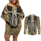 Aotearoa Waikato Tainui Couples Matching Off Shoulder Short Dress and Long Sleeve Button Shirt Maori Light Gold Tribal Paua Shell Pattern