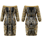 Aotearoa Waikato Tainui Couples Matching Off The Shoulder Long Sleeve Dress and Hawaiian Shirt Maori Light Gold Tribal Paua Shell Pattern