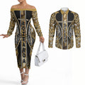 Aotearoa Waikato Tainui Couples Matching Off The Shoulder Long Sleeve Dress and Long Sleeve Button Shirt Maori Light Gold Tribal Paua Shell Pattern