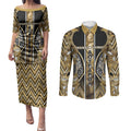 Aotearoa Waikato Tainui Couples Matching Puletasi and Long Sleeve Button Shirt Maori Light Gold Tribal Paua Shell Pattern