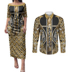 Aotearoa Waikato Tainui Couples Matching Puletasi and Long Sleeve Button Shirt Maori Light Gold Tribal Paua Shell Pattern