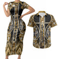 Aotearoa Waikato Tainui Couples Matching Short Sleeve Bodycon Dress and Hawaiian Shirt Maori Light Gold Tribal Paua Shell Pattern