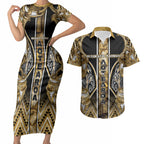 Aotearoa Waikato Tainui Couples Matching Short Sleeve Bodycon Dress and Hawaiian Shirt Maori Light Gold Tribal Paua Shell Pattern