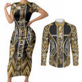 Aotearoa Waikato Tainui Couples Matching Short Sleeve Bodycon Dress and Long Sleeve Button Shirt Maori Light Gold Tribal Paua Shell Pattern