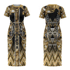 Aotearoa Waikato Tainui Couples Matching Short Sleeve Bodycon Dress and Long Sleeve Button Shirt Maori Light Gold Tribal Paua Shell Pattern