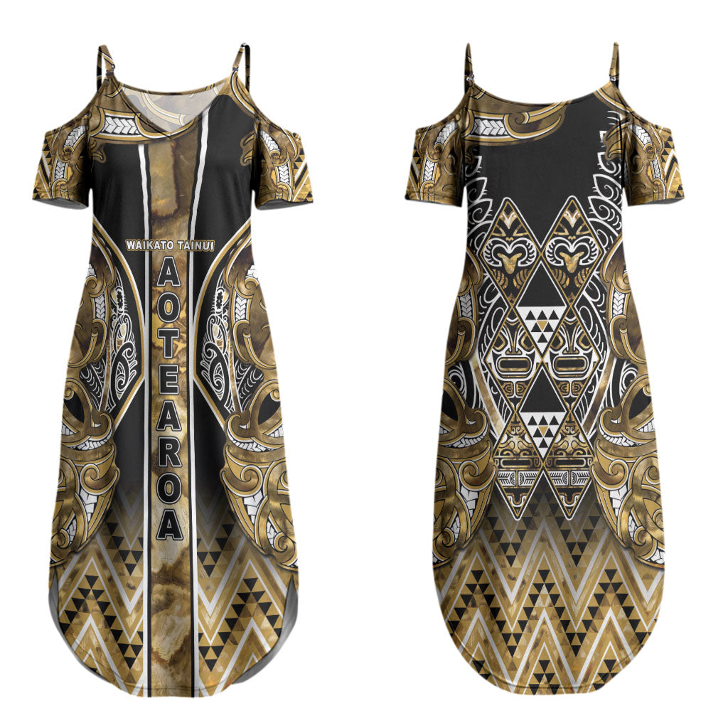 Aotearoa Waikato Tainui Couples Matching Summer Maxi Dress and Hawaiian Shirt Maori Light Gold Tribal Paua Shell Pattern