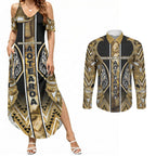 Aotearoa Waikato Tainui Couples Matching Summer Maxi Dress and Long Sleeve Button Shirt Maori Light Gold Tribal Paua Shell Pattern