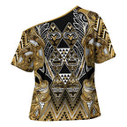 Aotearoa Waikato Tainui Cross Shoulder Shirt Maori Light Gold Tribal Paua Shell Pattern