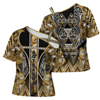 Aotearoa Waikato Tainui Cross Shoulder Shirt Maori Light Gold Tribal Paua Shell Pattern