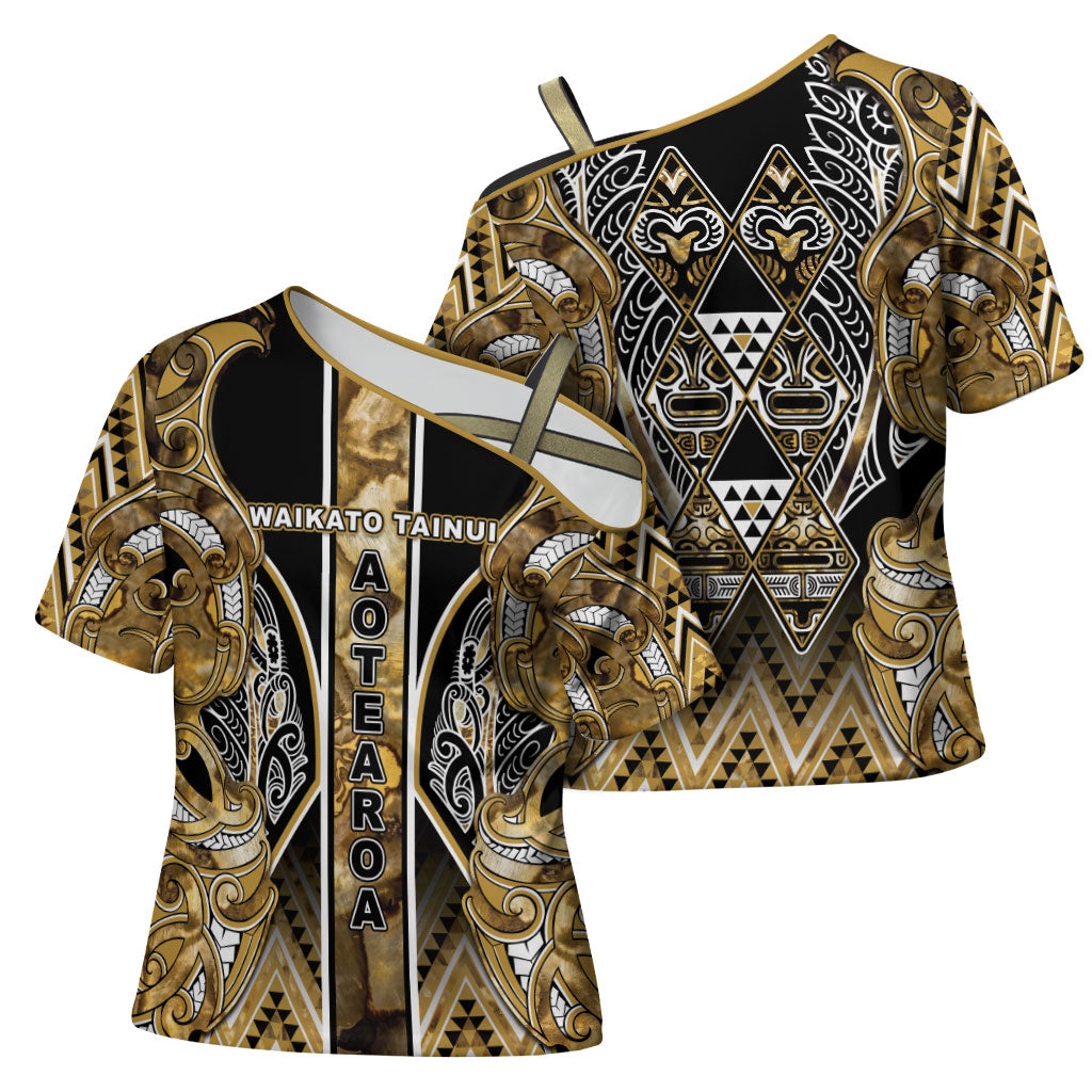 Aotearoa Waikato Tainui Cross Shoulder Shirt Maori Light Gold Tribal Paua Shell Pattern