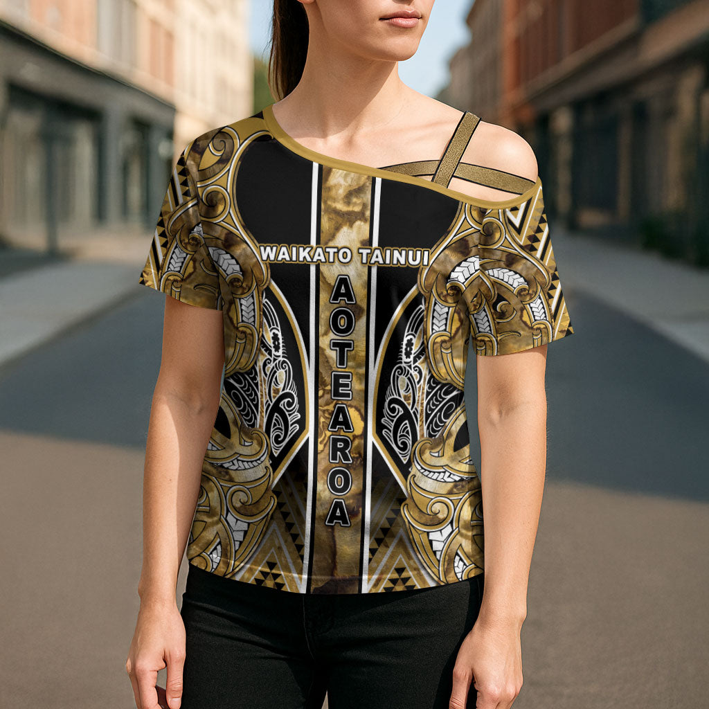 Aotearoa Waikato Tainui Cross Shoulder Shirt Maori Light Gold Tribal Paua Shell Pattern