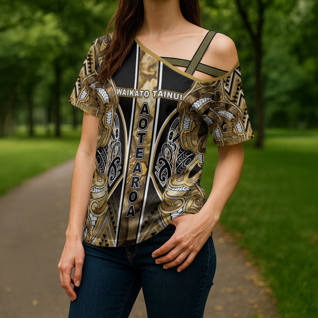 Aotearoa Waikato Tainui Cross Shoulder Shirt Maori Light Gold Tribal Paua Shell Pattern
