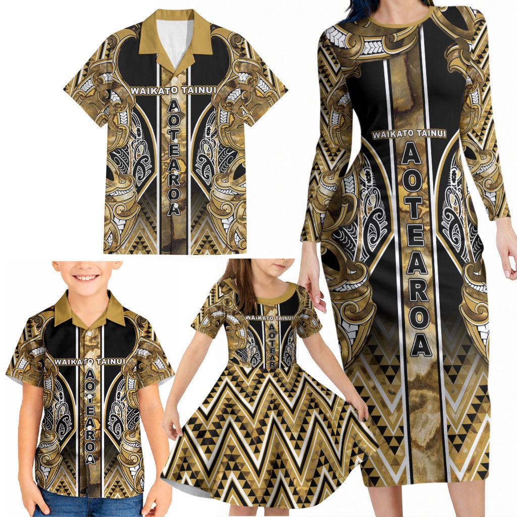 Aotearoa Waikato Tainui Family Matching Long Sleeve Bodycon Dress and Hawaiian Shirt Maori Light Gold Tribal Paua Shell Pattern