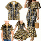 Aotearoa Waikato Tainui Family Matching Mermaid Dress and Hawaiian Shirt Maori Light Gold Tribal Paua Shell Pattern