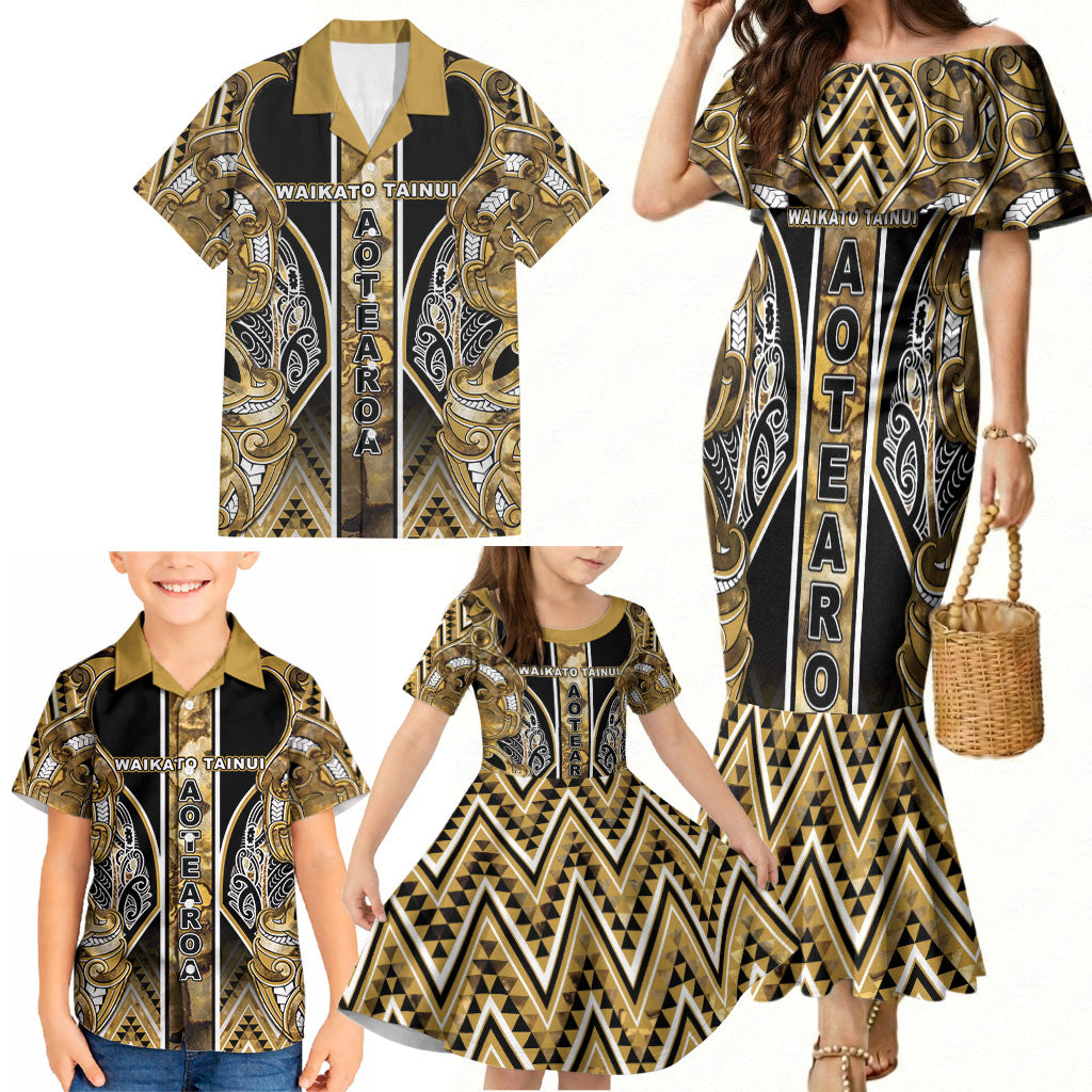 Aotearoa Waikato Tainui Family Matching Mermaid Dress and Hawaiian Shirt Maori Light Gold Tribal Paua Shell Pattern