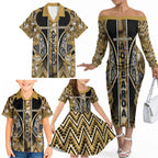 Aotearoa Waikato Tainui Family Matching Off The Shoulder Long Sleeve Dress and Hawaiian Shirt Maori Light Gold Tribal Paua Shell Pattern