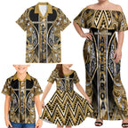 Aotearoa Waikato Tainui Family Matching Off Shoulder Maxi Dress and Hawaiian Shirt Maori Light Gold Tribal Paua Shell Pattern