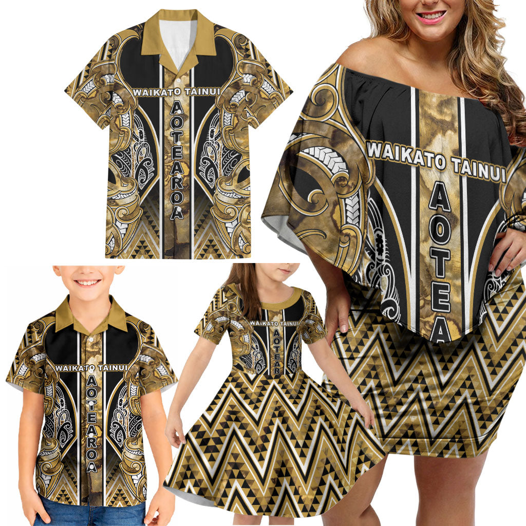 Aotearoa Waikato Tainui Family Matching Off Shoulder Short Dress and Hawaiian Shirt Maori Light Gold Tribal Paua Shell Pattern