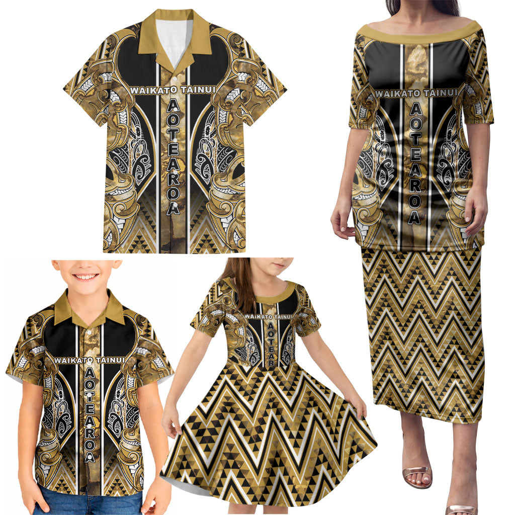 Aotearoa Waikato Tainui Family Matching Puletasi and Hawaiian Shirt Maori Light Gold Tribal Paua Shell Pattern