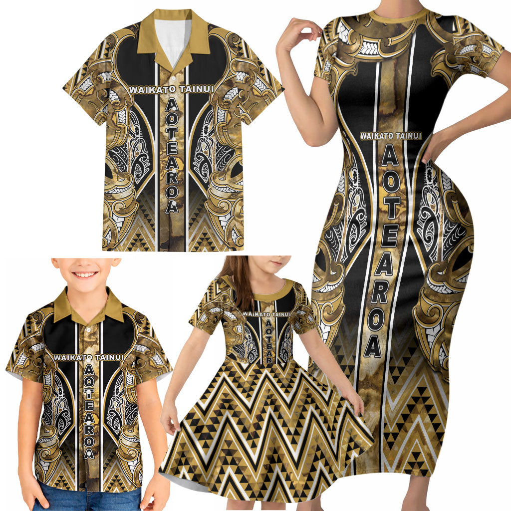 Aotearoa Waikato Tainui Family Matching Short Sleeve Bodycon Dress and Hawaiian Shirt Maori Light Gold Tribal Paua Shell Pattern