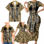 Aotearoa Waikato Tainui Family Matching Short Sleeve Bodycon Dress and Hawaiian Shirt Maori Light Gold Tribal Paua Shell Pattern