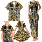 Aotearoa Waikato Tainui Family Matching Tank Maxi Dress and Hawaiian Shirt Maori Light Gold Tribal Paua Shell Pattern