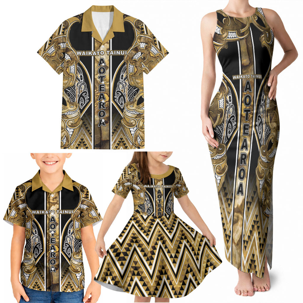 Aotearoa Waikato Tainui Family Matching Tank Maxi Dress and Hawaiian Shirt Maori Light Gold Tribal Paua Shell Pattern
