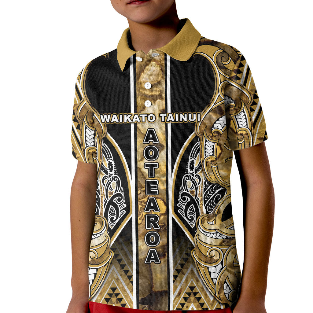 Aotearoa Waikato Tainui Kid Polo Shirt Maori Light Gold Tribal Paua Shell Pattern
