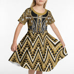 Aotearoa Waikato Tainui Kid Short Sleeve Dress Maori Light Gold Tribal Paua Shell Pattern