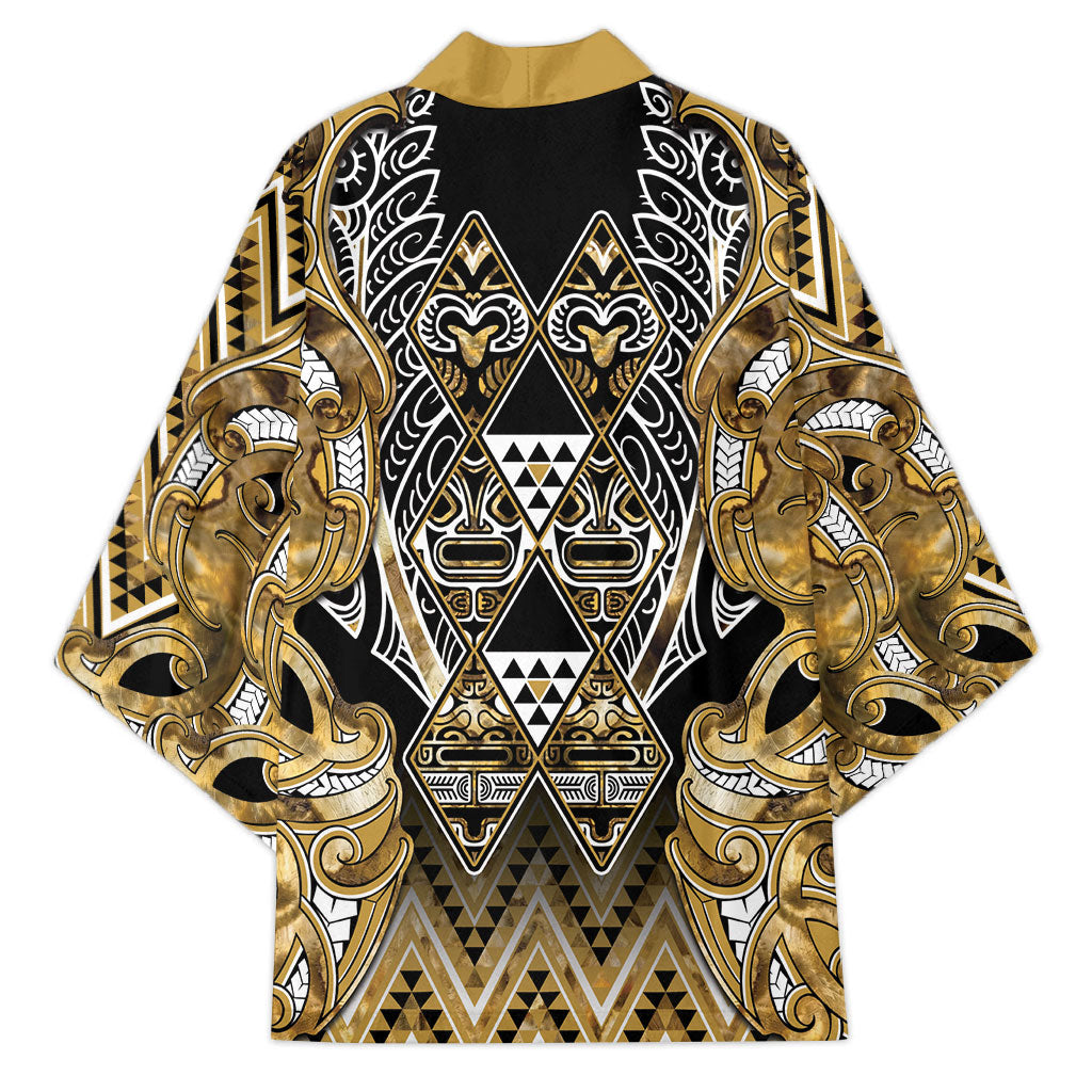 Aotearoa Waikato Tainui Kimono Maori Light Gold Tribal Paua Shell Pattern