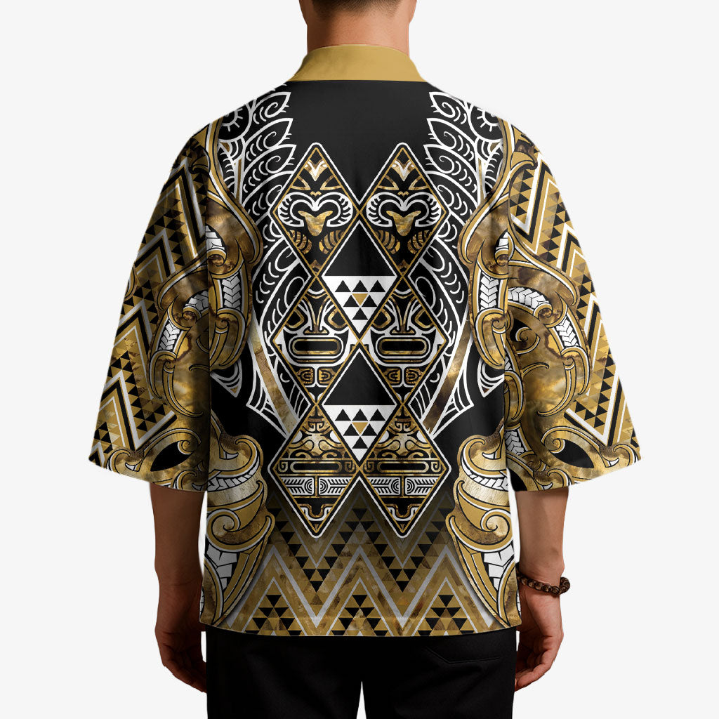 Aotearoa Waikato Tainui Kimono Maori Light Gold Tribal Paua Shell Pattern