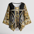 Aotearoa Waikato Tainui Kimono Sleeve Blouse Maori Light Gold Tribal Paua Shell Pattern