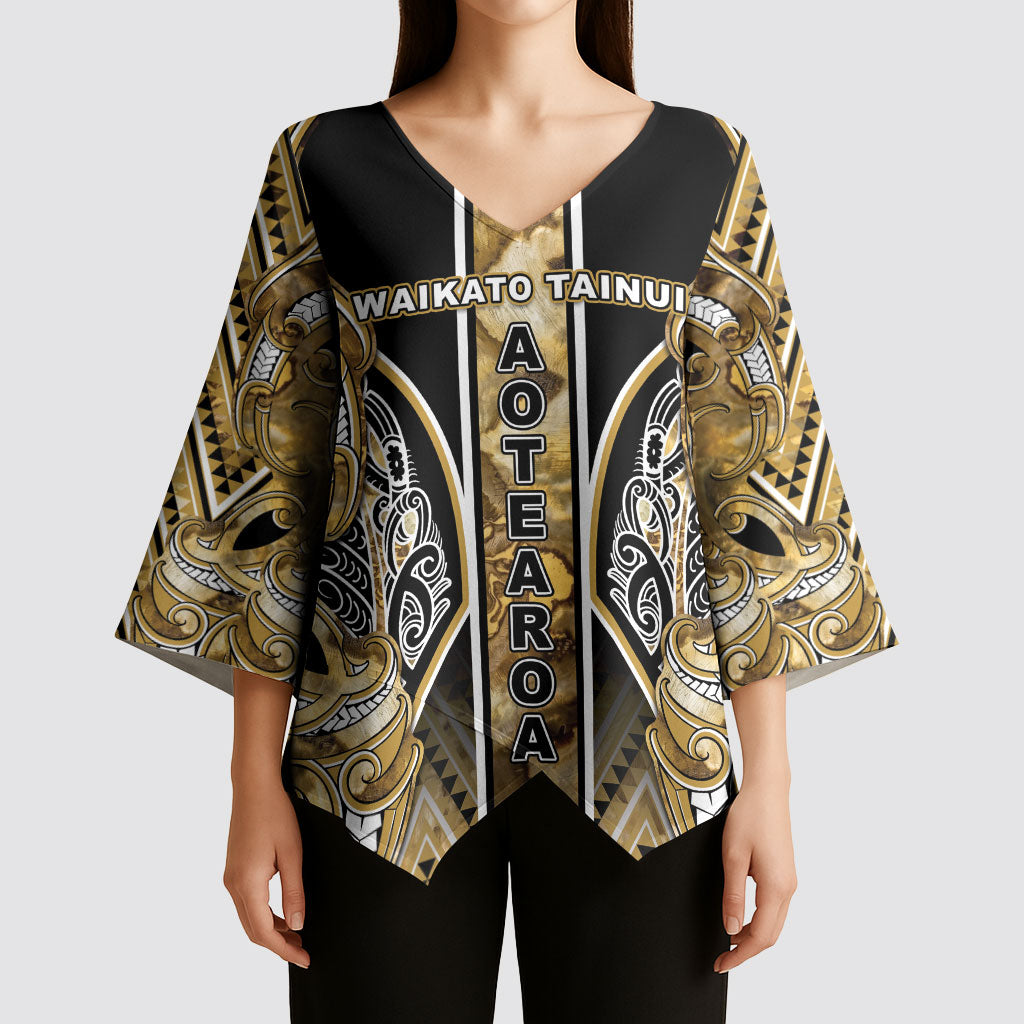 Aotearoa Waikato Tainui Kimono Sleeve Blouse Maori Light Gold Tribal Paua Shell Pattern