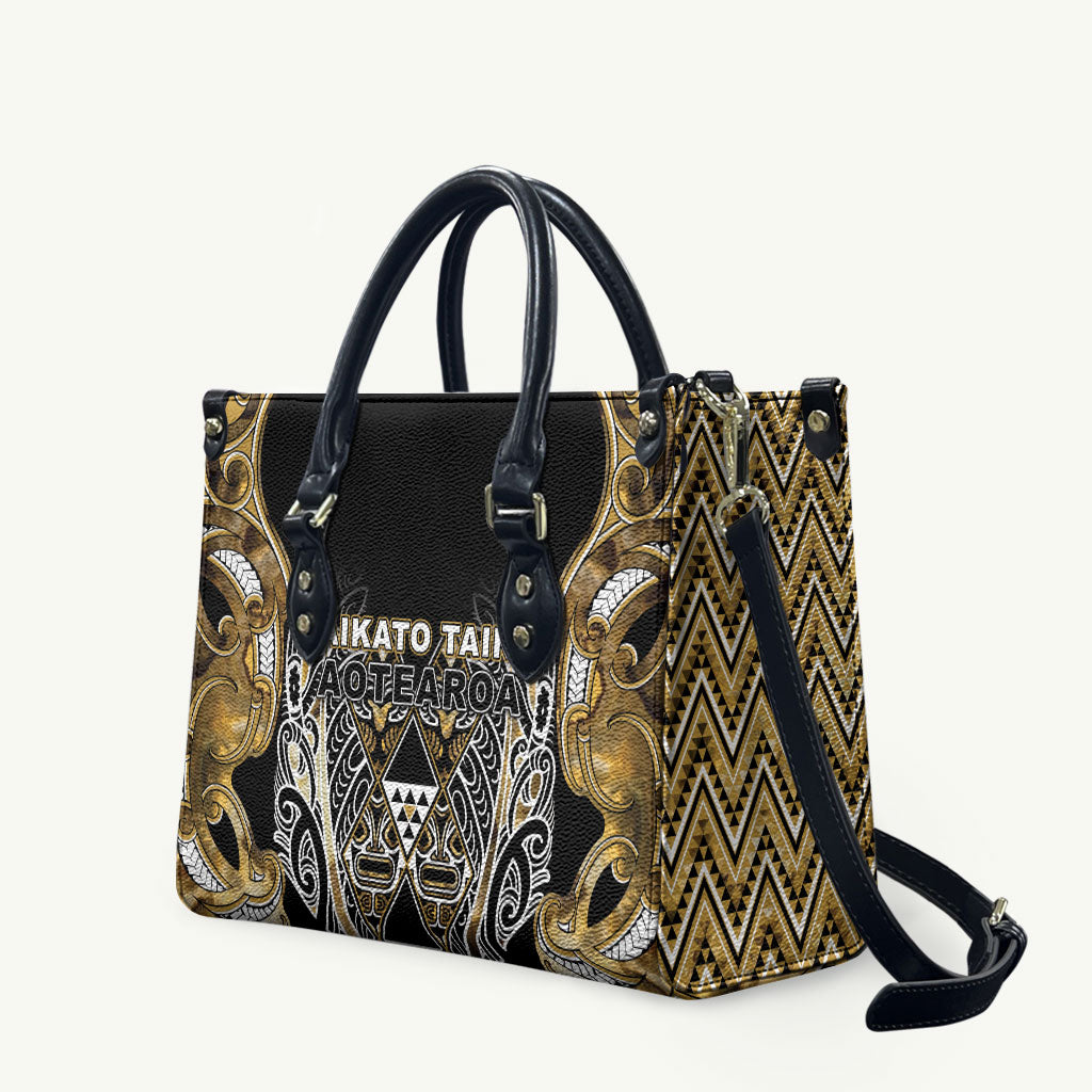 Aotearoa Waikato Tainui Leather Bag Maori Light Gold Tribal Paua Shell Pattern