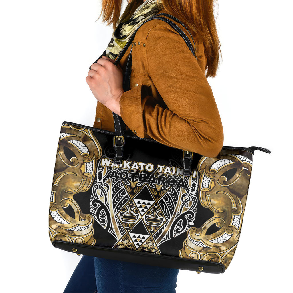 Aotearoa Waikato Tainui Leather Tote Bag Maori Light Gold Tribal Paua Shell Pattern