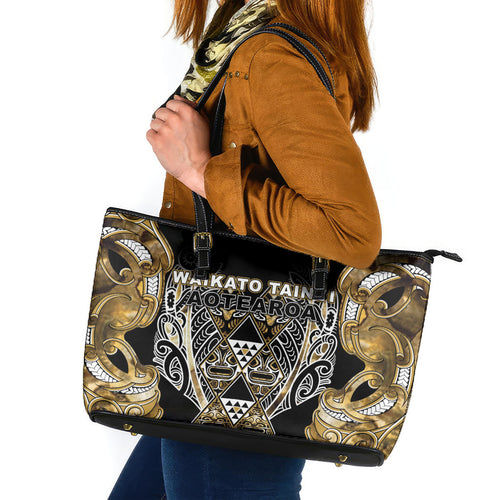 Aotearoa Waikato Tainui Leather Tote Bag Maori Light Gold Tribal Paua Shell Pattern