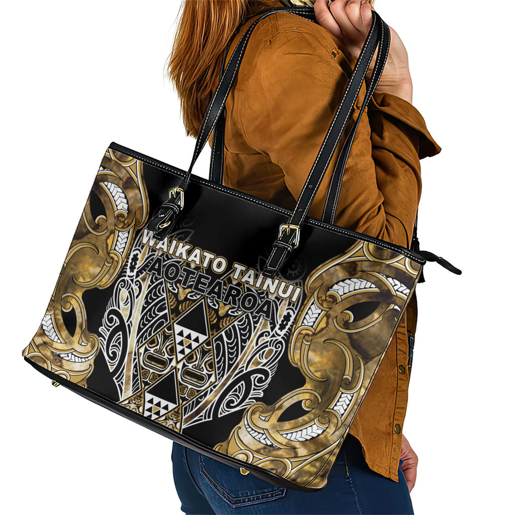 Aotearoa Waikato Tainui Leather Tote Bag Maori Light Gold Tribal Paua Shell Pattern