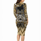 Aotearoa Waikato Tainui Long Sleeve Bodycon Dress Maori Light Gold Tribal Paua Shell Pattern