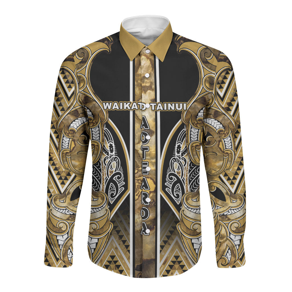 Aotearoa Waikato Tainui Long Sleeve Button Shirt Maori Light Gold Tribal Paua Shell Pattern