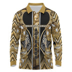 Aotearoa Waikato Tainui Long Sleeve Polo Shirt Maori Light Gold Tribal Paua Shell Pattern